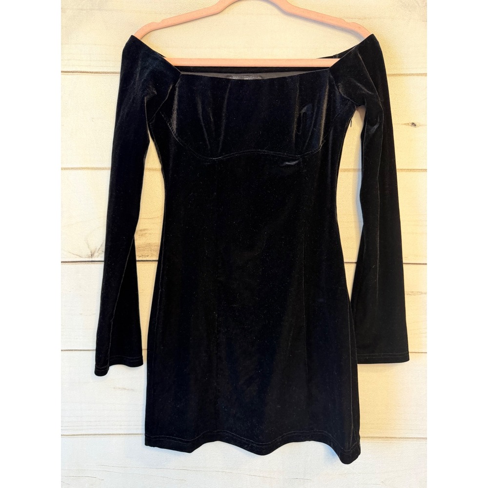 Zara Black Velvet Off The Shoulder Long Sleeve Mini Dress Small